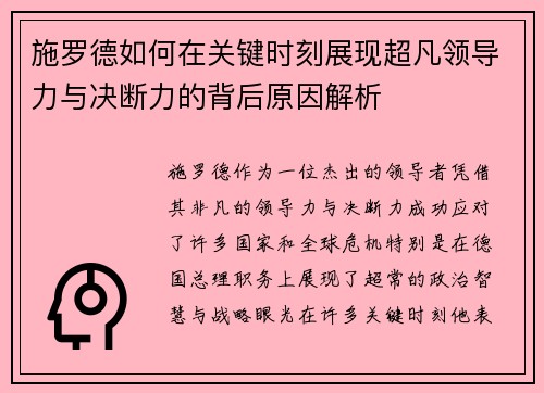 施罗德如何在关键时刻展现超凡领导力与决断力的背后原因解析